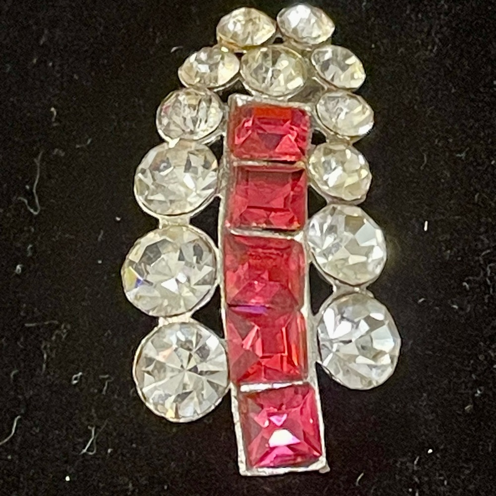Vintage Silver Tone Rectangle Red Rhinestone and Round Crystal Brooch Pin